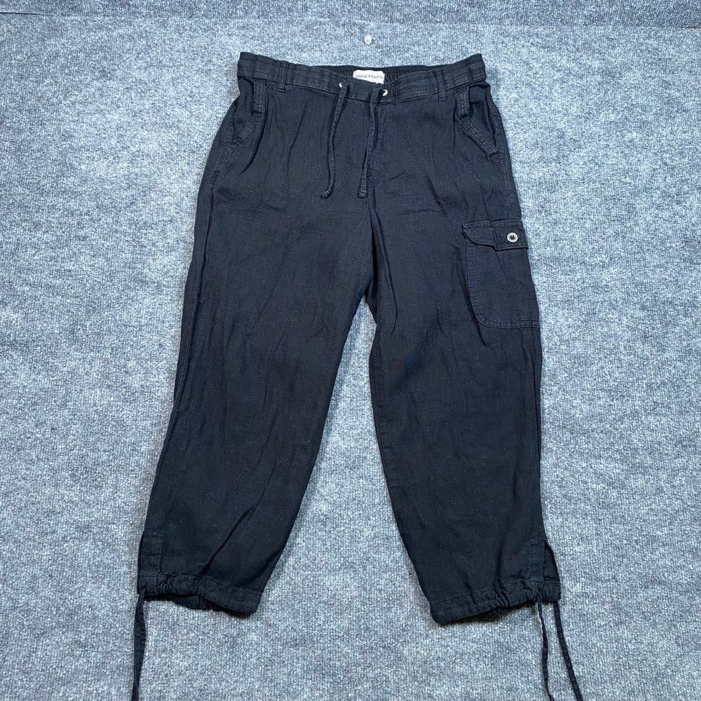 George & Martha Women Black 100% Linen Cargo Crop Pants Large Drawstring Waist